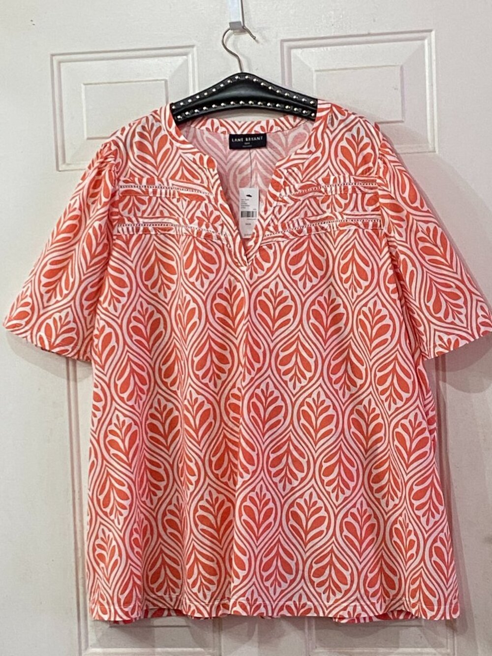 NWT Lane Bryant Sz 22/24 2X Blouse Popover Shirt Sleeve Orange/White Medallion